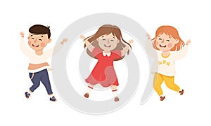 Happy little children having fun. Joyful boy and girls playing together and happily jumping cartoon vector illustration