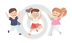 Happy little children having fun. Joyful kids playing together, dancing or happily jumping cartoon vector illustration