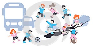 Happy Little Children Running, Playing Ball at Traffic Road and Sitting on Branch Having Fun Vector Set