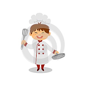 Happy little cook with pan and spatula in hands. Cheerful boy in chef uniform. Dream job. Flat vector design