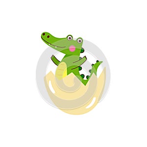 Happy little crocodile hatching from the egg. Cute wild green alligator waving and smiling. Cartoon vector design for icon, logo,