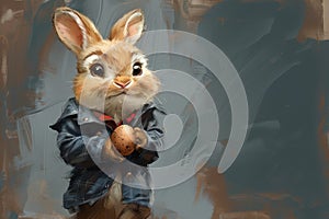 Happy little cute easter bunny with egg, card. AI generative