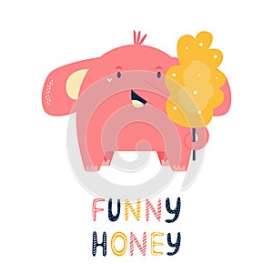 Happy little elephant with cotton candy. Vector illustration