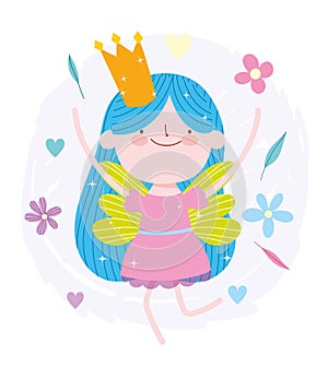 Happy little fairy princess tale cartoon with crown and flowers