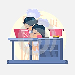 Happy little funny Girl and boy Cook chef helping cooking in kitchen studies a cookbook Vector colorful illustration in flat style