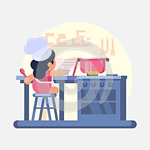 Happy little funny Girl Cook chef helping cooking in kitchen studies a cookbook Vector colorful illustration in flat style image