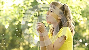 Happy little girl blowing a dandelion off making a wish