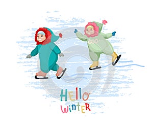 Happy little girl and boy ice skating. Vector illustration