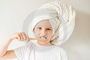 Happy Little Girl Brushing Her Teeth, Eco Wooden Organic Toothbrush