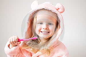 Happy Little Girl Brushing Her Teeth, Pink Toothbrush, Dental Hygiene, Morning Night Healthy
