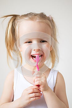 Happy Little Girl Brushing Her Teeth, Pink Toothbrush, Dental Hygiene, Morning Night Healthy