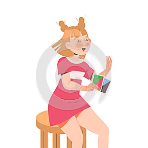 Happy Little Girl with Cards on Chair Playing Board Game Having Fun on Weekend Vector Illustration