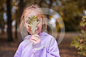 Happy little girl collects and plays with autumn fallen leaves in autumn park. Fall season