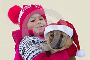 Happy Little girl and dog at Christmas