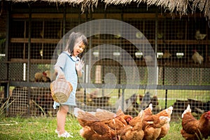 Happy little girl feeding chickens in front of chicken farm