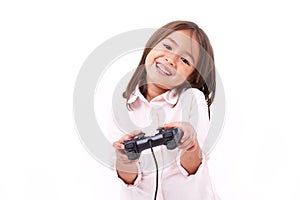 Happy little girl gamer playing video game