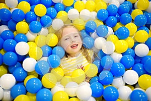 Happy little girl having fun in ball pit in kids indoor play center. Child playing with colorful balls in playground ball pool.