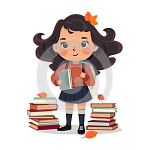 Happy little girl holding books and staying between book stacks. Back to school cartoon vector illustration