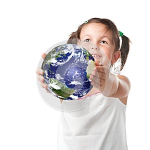 Happy little girl holding planet earth