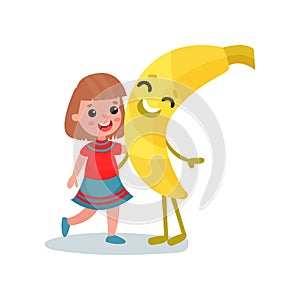 Happy little girl hugging giant smiling banana fruit character, best friends, healthy food for kids cartoon vector