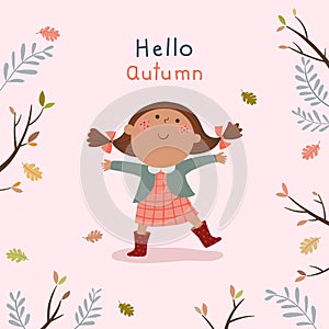 Happy little girl playing outdoors in autumn. Hello autumn illustration
