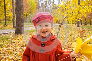A happy little girl in a red coat play in the autumn park and holding a bouquet of maple leaves