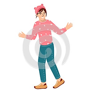 Happy little girl rejoice with raised arms. Cheerful baby character playing fun. Teenager good mood laughing. Flat