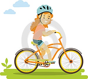 Happy little girl riding bikes isolated on white