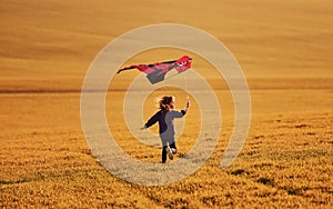 Happy little girl running with kite in hands on the beautiful field