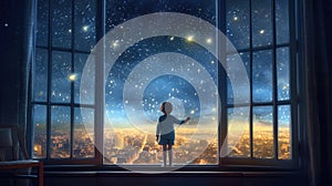 A happy little girl standing at a large window and looking at stars in the sky with dreamy and imaginative. Generative