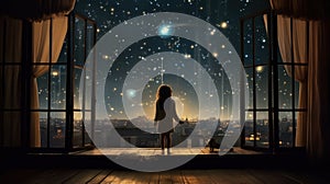 A happy little girl standing at a large window and looking at stars in the sky with dreamy and imaginative. Generative