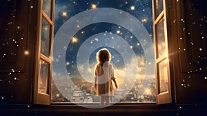 A happy little girl standing at a large window and looking at stars in the sky with dreamy and imaginative. Generative