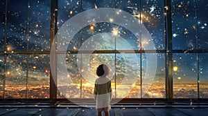 A happy little girl standing at a large window and looking at stars in the sky with dreamy and imaginative. Generative