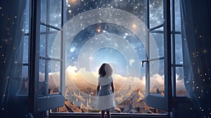 A happy little girl standing at a large window and looking at stars in the sky with dreamy and imaginative. Generative