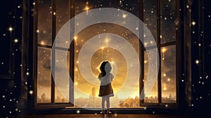 A happy little girl standing at a large window and looking at stars in the sky with dreamy and imaginative. Generative