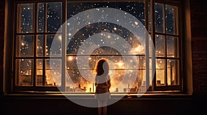 A happy little girl standing at a large window and looking at stars in the sky with dreamy and imaginative. Generative