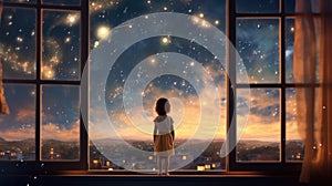 A happy little girl standing at a large window and looking at stars in the sky with dreamy and imaginative. Generative