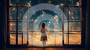 A happy little girl standing at a large window and looking at stars in the sky with dreamy and imaginative. Generative