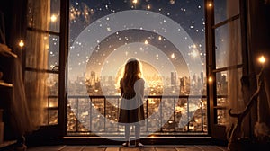 A happy little girl standing at a large window and looking at stars in the sky with dreamy and imaginative. Generative