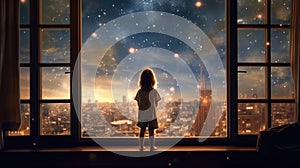 A happy little girl standing at a large window and looking at stars in the sky with dreamy and imaginative. Generative