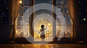 A happy little girl standing at a large window and looking at stars in the sky with dreamy and imaginative. Generative