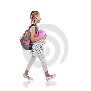 Happy little girl starts school, isolated photo