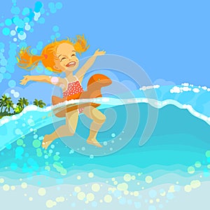 Happy little girl swim in inflatable ring