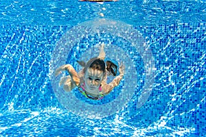 Happy little girl swims underwater in pool