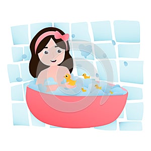 Happy little girl taking bath, daily routine activity, hygiene or health concept for kids