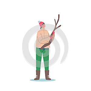 Happy Little Girl Wear Warm Clothes Holding Branch for Making Snowman, Kid Laughing and Enjoying Winter Vacation