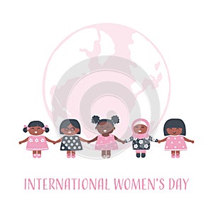 Happy little girls holding hands on the globe background. International Women's Day concept