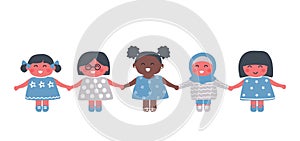 happy little girls holding hands. International Women\'s Day concept. Diverse group of babies girls