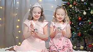 happy little girls in pink dresses play with a hamster at the Christmas tree.