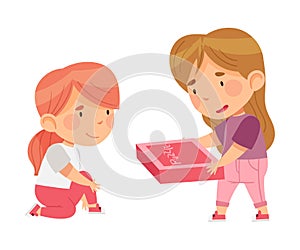 Happy Little Girls Playing Jigsaw Puzzle on the Floor Vector Illustration